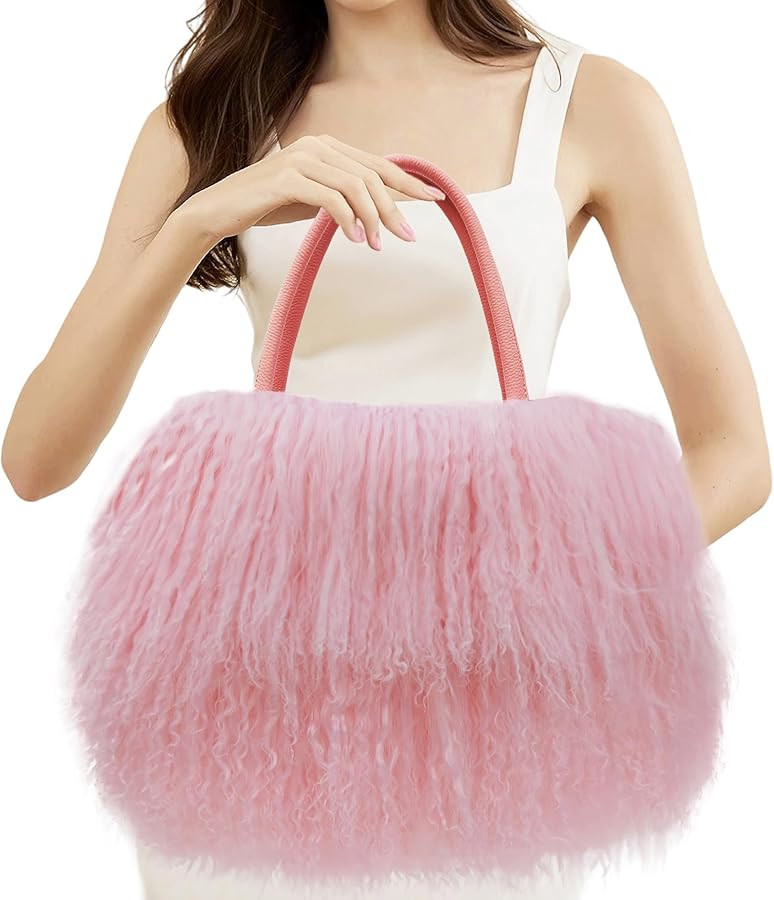FINILUO Women Luxury Real Lamb/Mongolian Flush Wool Fur With Genuine Leather Handles Handbag | Amazon (US)