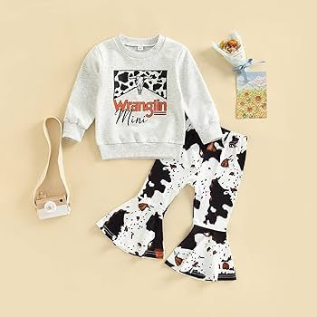 Toddler Baby Girl Western Outfit Letter Print Sweatshirt Top Cow Printed Flare Pants Set 2PCS Fal... | Amazon (US)