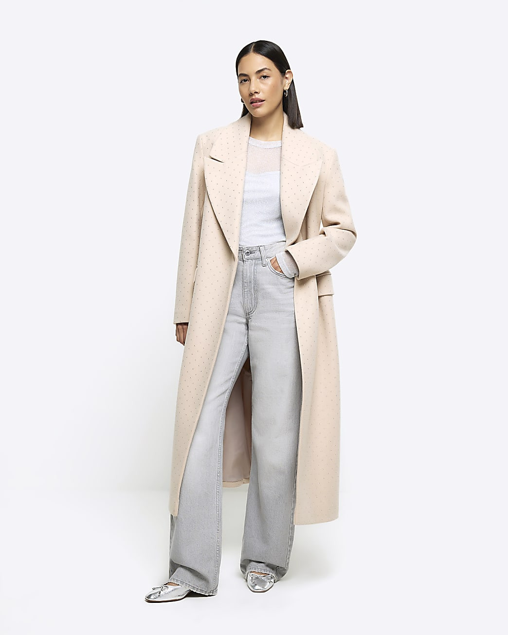 Beige embellished longline coat | River Island (UK & IE)