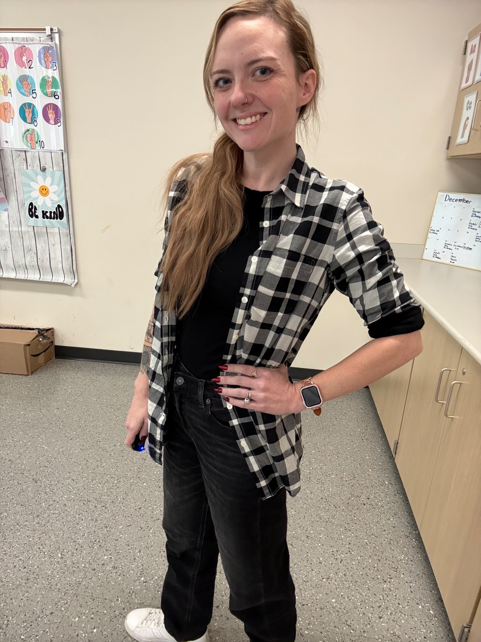 Plaid button up layered over a fitted black top is my winter uniform lately. Easy to style with black straight leg jeans and white sneakers for a casual teacher outfit. These jeans fit true to size and the plaid shirt is soft and lightweight for the classroom. Simple, comfy and still pulled together for a long school day. Perfect everyday basics you can mix and match all season.

#LTKFindsUnder50 #LTKootd #LTKmomlife