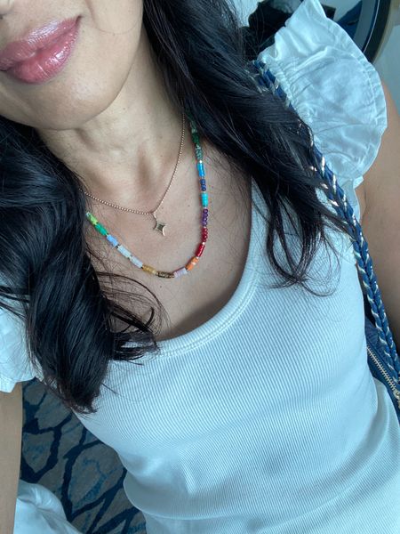 Vacation outfit. Cruise outfit. Spring outfit. Tank top is a good budget friendly option that I also have in black; true to size. 
Shorter necklace with charm use code HINTOFGLAM to save. 
Colorful necklace use code NAOMI20 to save. 


#LTKfindsunder100 #LTKover40 #LTKfindsunder50