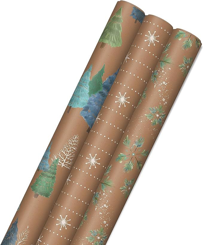 Hallmark Holiday Sustainable Kraft Gift Wrap with Cut Lines on Reverse (3 Rolls: 90 sq. ft. ttl) ... | Amazon (US)