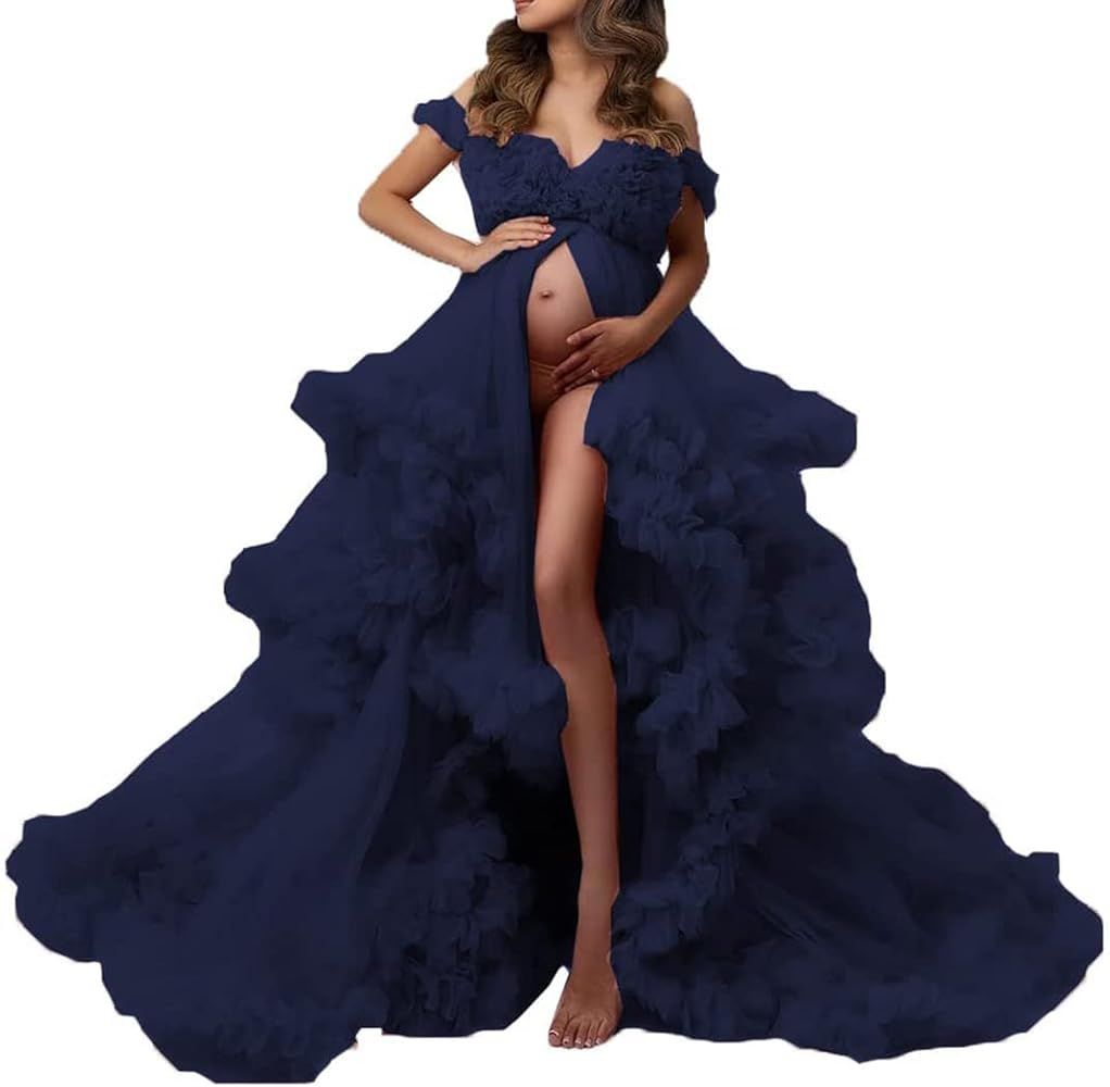 Tulle Maternity Dress for Photoshoot Ruffles V Neck Long Sheer Baby Shower Pregnancy Lingerie Bat... | Amazon (US)