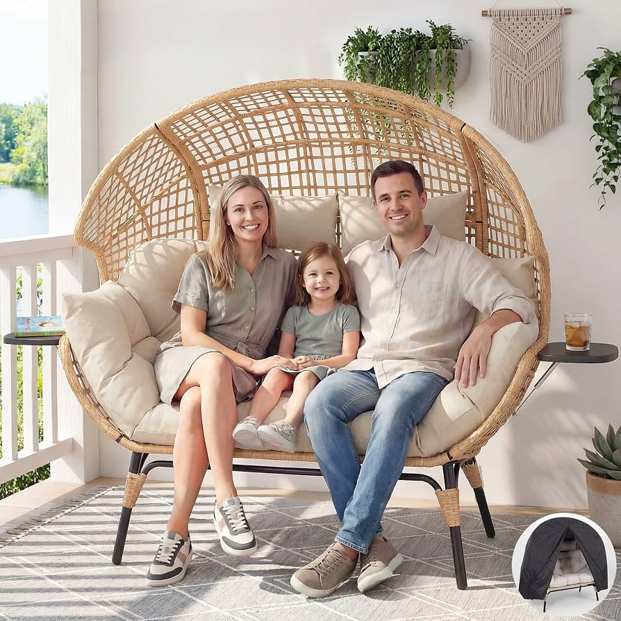 Double Egg Chair Outdoor Indoor 2 Person Wicker Egg Lounge Chair with Foldable Cup Holder Cushion... | Amazon (US)