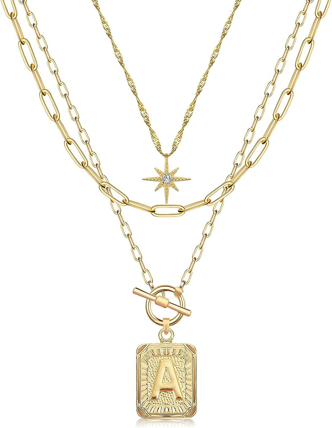 MJartoria Layered Initial Necklaces for Women Trendy, 14K Gold Plated Simple Star Square Letter P... | Amazon (US)