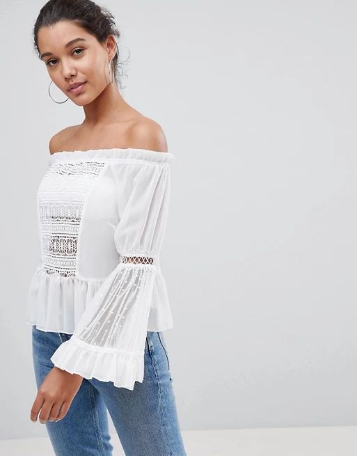 PrettyLittleThing Lace Bell Sleeve Bardot Top | ASOS US