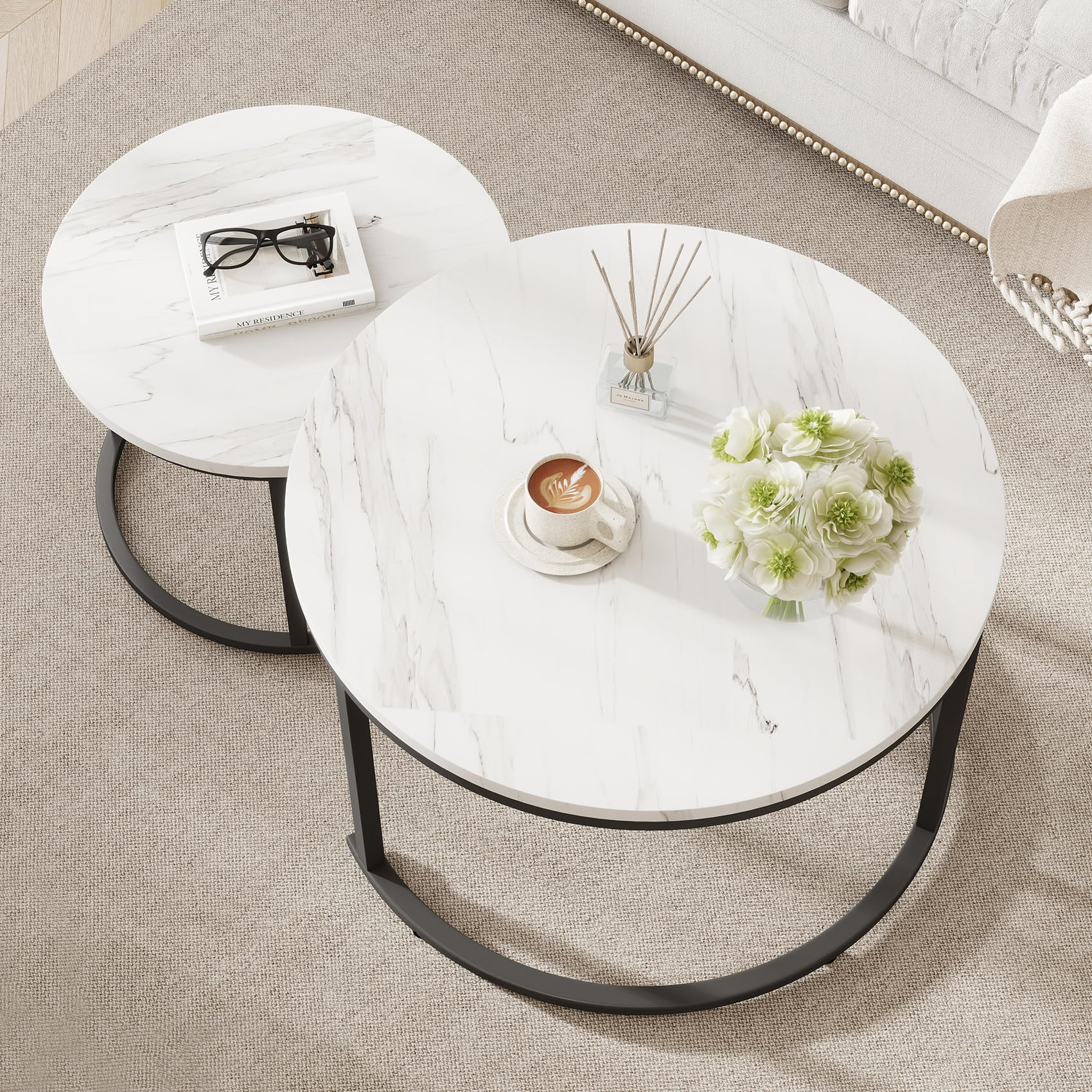 Round Nesting Coffee Table Set of 2, Black and White Faux Marble Top & Steel Frame, Modern Side E... | Amazon (US)