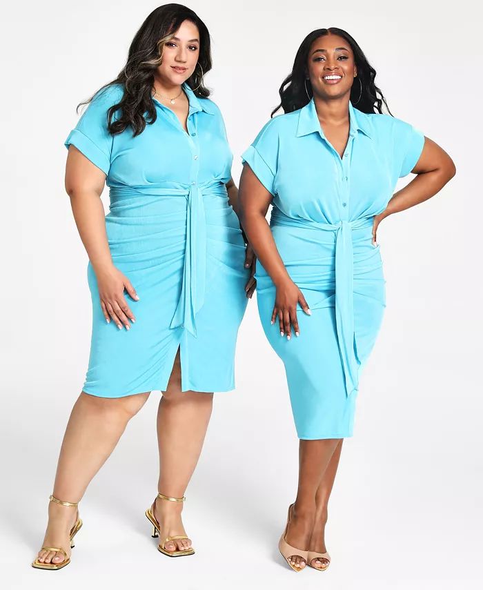 Nina Parker Trendy Plus Size Tie-Front Ruched Shirtdress - Macy's | Macy's