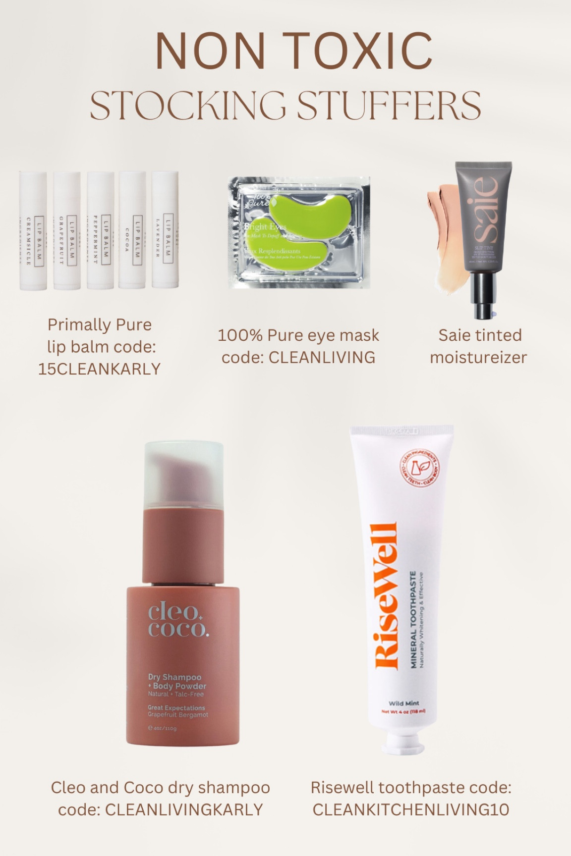 NON TOXIC stocking stuffers! Gifts for any age!! 

✨DISCOUNT CODES 
-Primally Pure: 15CLEANKARLY 
-100% Pure: CLEANLIVING 
-Cleo and Coco: CLEANLIVINGKARLY 
-Risewell: CLEANKITCHENLIVING10 

#LTKbeauty #LTKHoliday #LTKGiftGuide