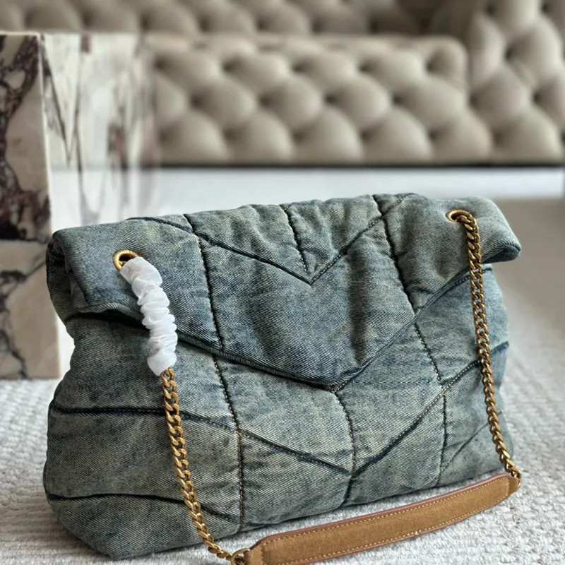 Women Denim Blue V Quilt Overstitching Shoulder Bag With Crossbody Chain Straps Lady Designer Qui... | DHGate