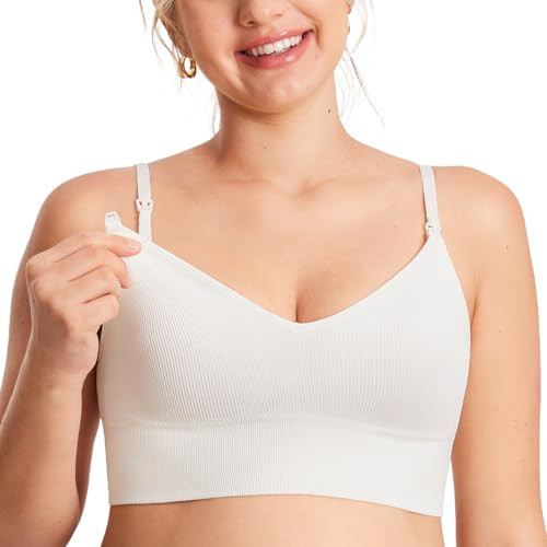 MOMANDA Ribbed Nursing Bras Women's Longline Sleep Breastfeeding Support Seamless Maternity Sports Bra V Neck Wireless Iceland White XX-Large | Amazon (US)
