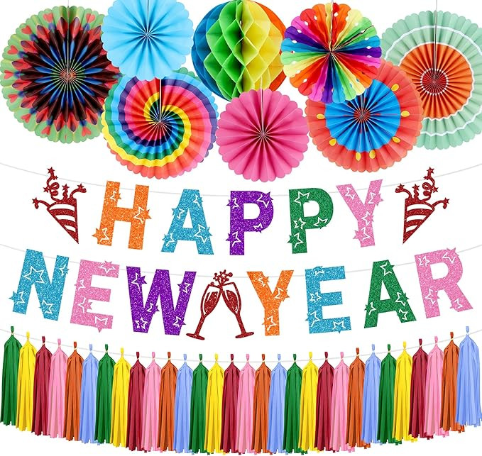 2026 New Year Decorations - 16 Pcs Happy New Year Eve Party Supplies Banner Hanging Paper Fans Ho... | Amazon (US)