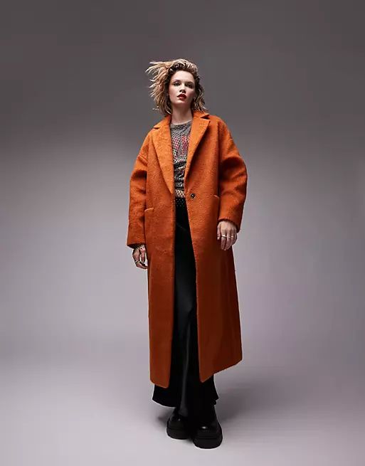 Topshop - Manteau long brossé avec poches plaquées - Orange brûlé | ASOS (Global)