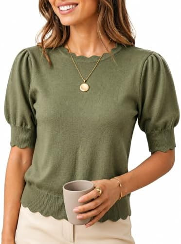 Short Sleeve Sweater for Women Pullover Knit Tops Scalloped Crewneck Puff Sleeve 2026 | Amazon (US)
