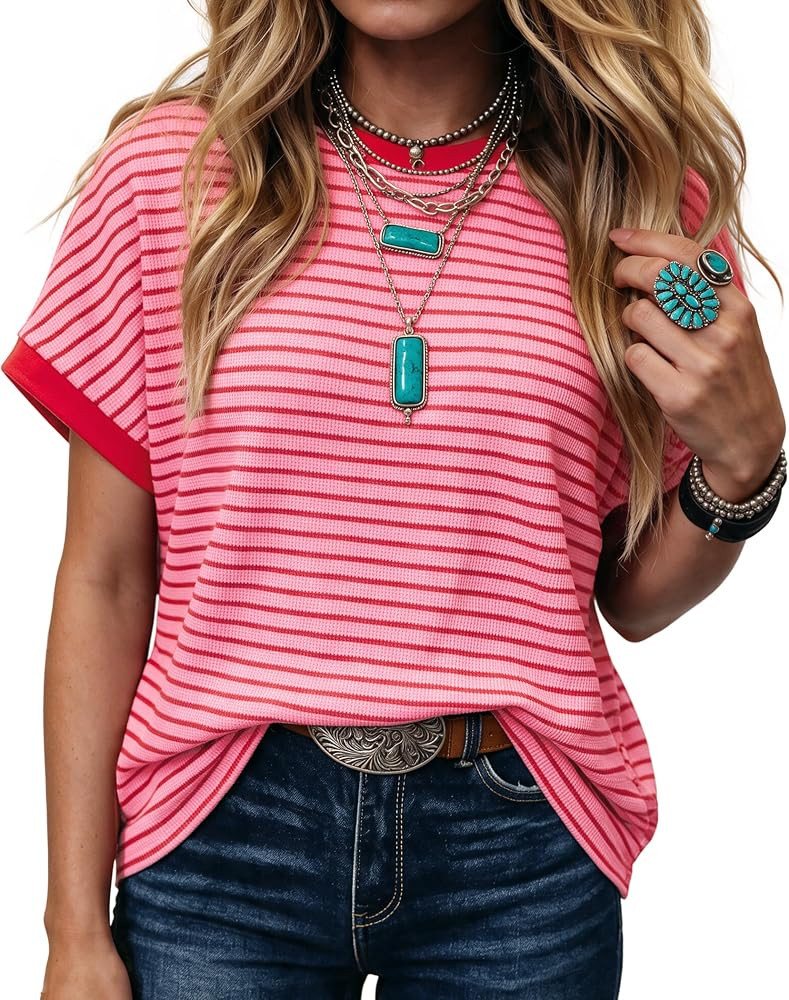 Womens Short Sleeve Summer Tops Crochet Striped T Shirts Color Block Vacation Country Concert Cam... | Amazon (US)