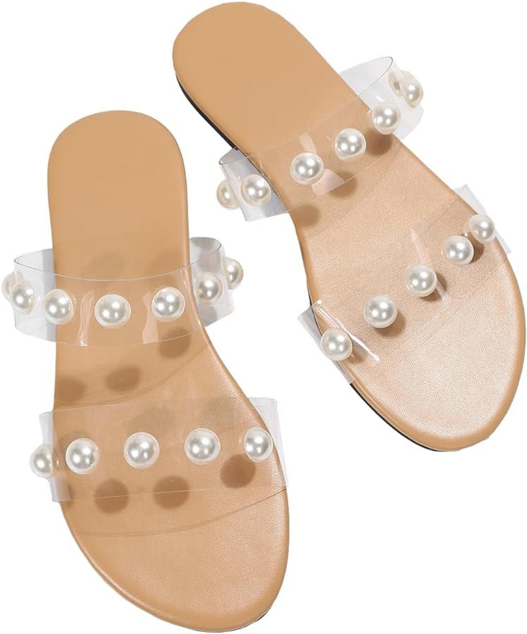 GORGLITTER Women's Clear Strap Faux Pearl Flat Sandals Summer Open Toe Slides Sandals | Amazon (US)