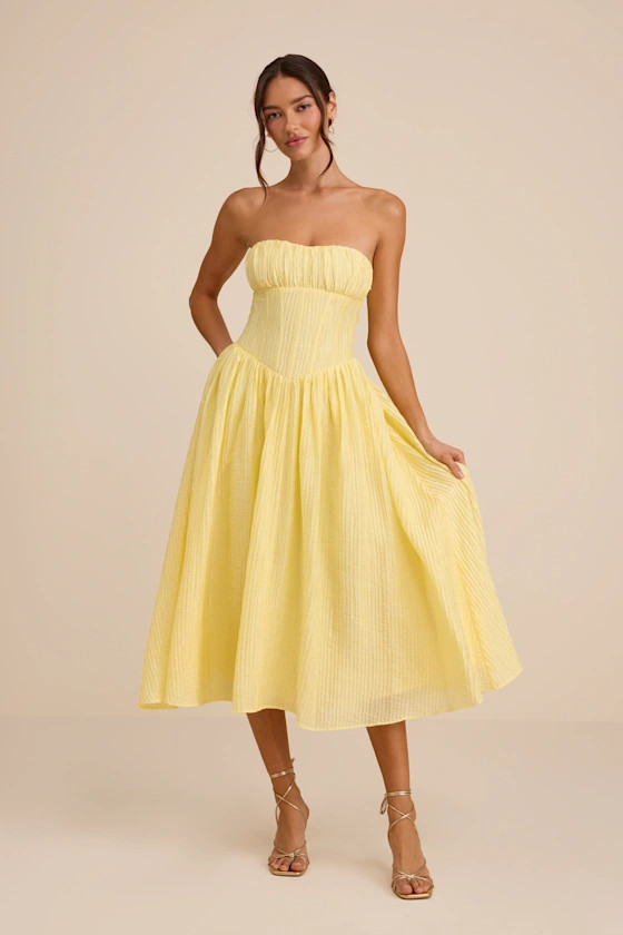 Aspen Pale Yellow Plisse Strapless Bustier Midi Dress | Lulus