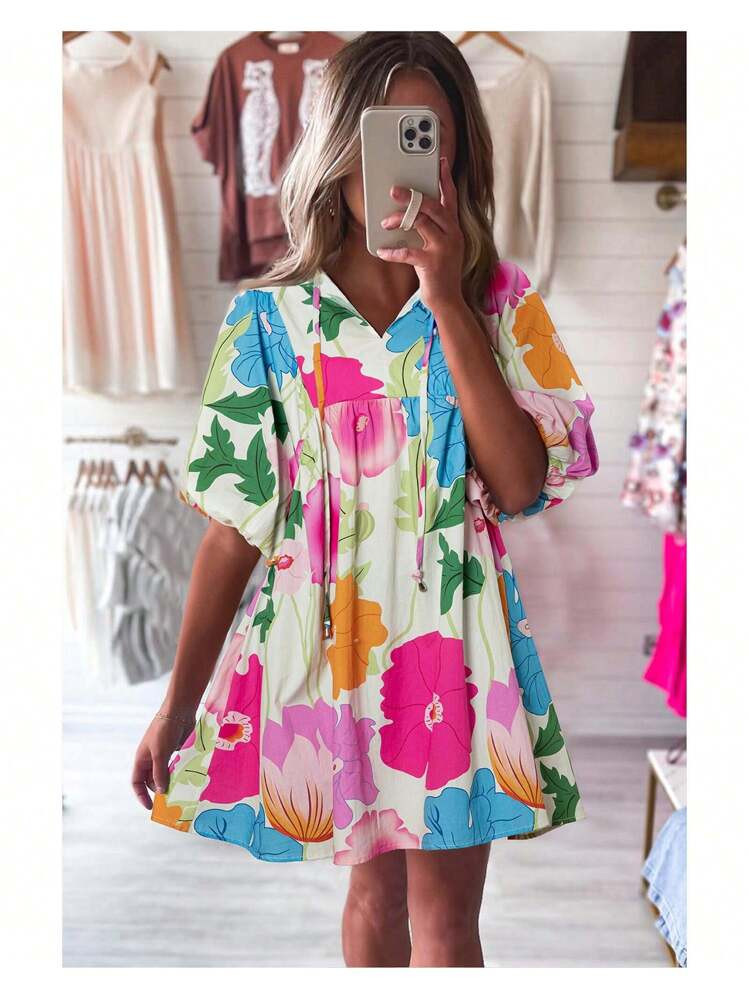 Azura Exchange White Floral Print Split Neck Babydoll Dress | SHEIN