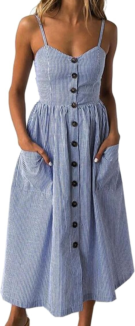Angashion Women's Dresses-Summer Floral Bohemian Spaghetti Strap Button Down Swing Midi Dress | Amazon (US)