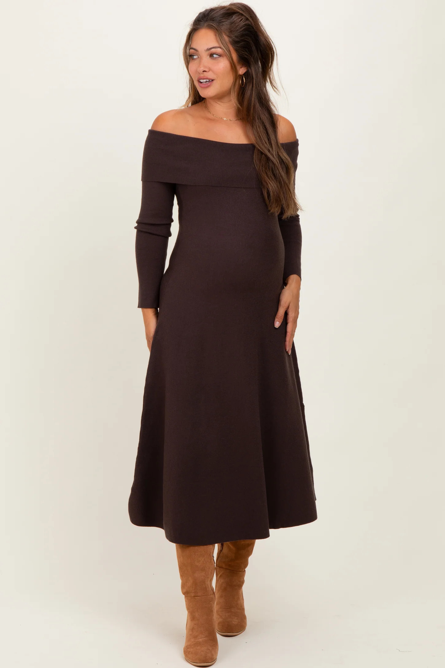 Brown Off Shoulder Maternity Sweater Midi Dress | PinkBlush Maternity