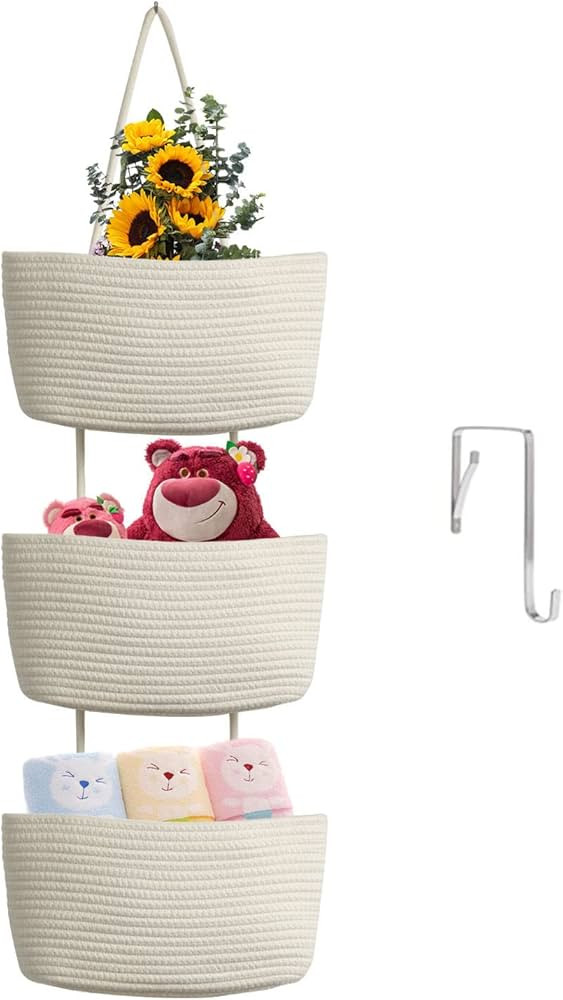TeoKJ Over the Door Hanging Baskets, 3-Tier Woven Cotton Storage Organizer Bag with Hooks Wall-Mo... | Amazon (US)
