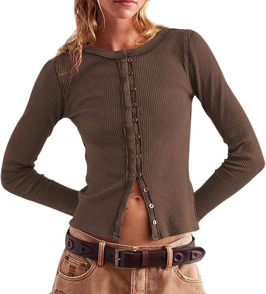 Women's Slim Fitted Cardigan Ribbed Knit Button Down Shirt Long Sleeve Crewneck Tops Blouse | Amazon (US)