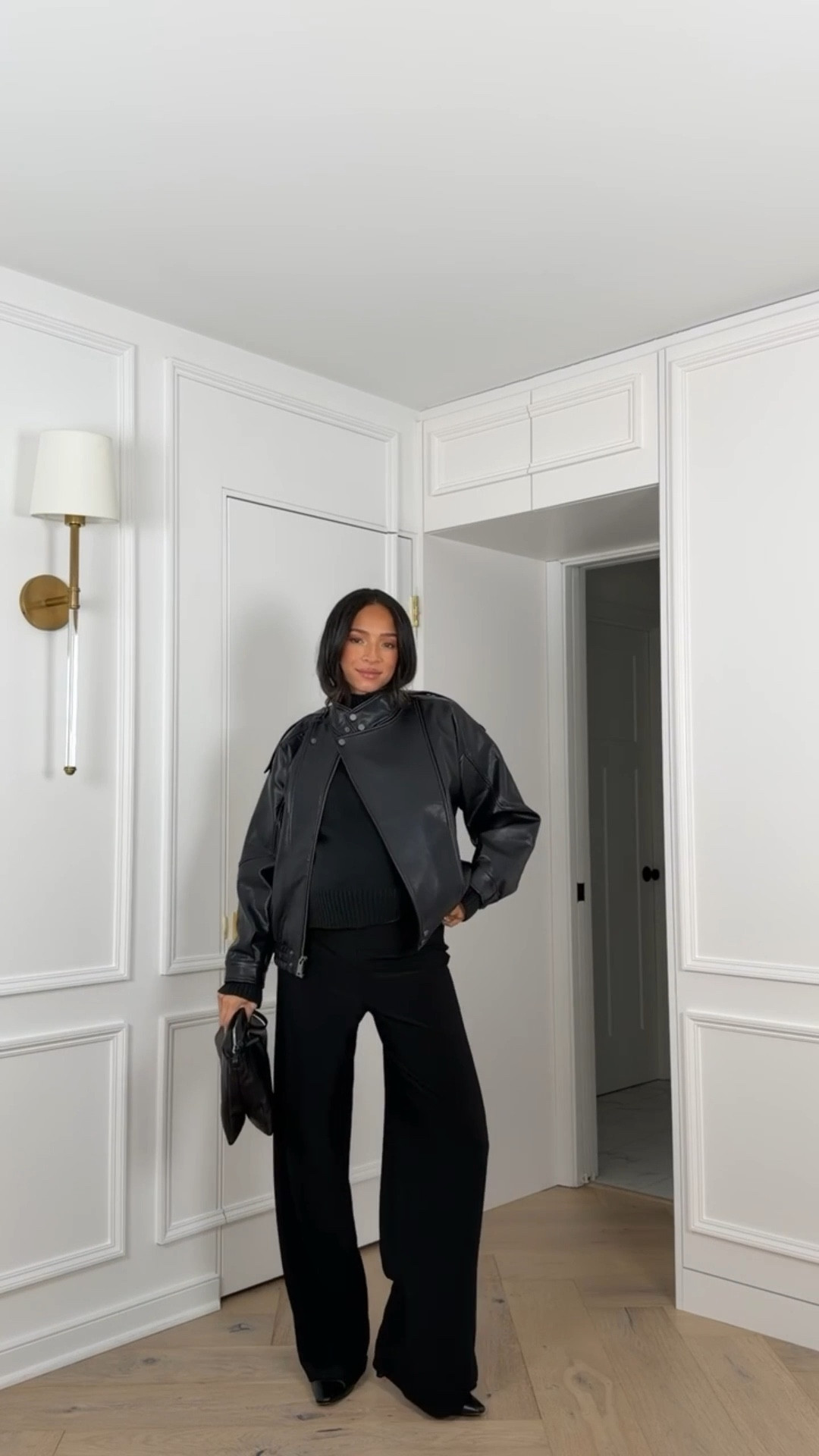 Date night outfit 🖤 This faux leather jacket is low stock but I’ve linked similars - Wearing size M sweater, size S leather jacket and size M wide leg pants (they look like a trouser but feel like pajamas!) 

Date night outfit 
Dinner outfit 
Winter outfit 
Winter fashion 
Faux leather jacket

#LTKSeasonal #LTKFindsUnder100 #LTKSaleAlert