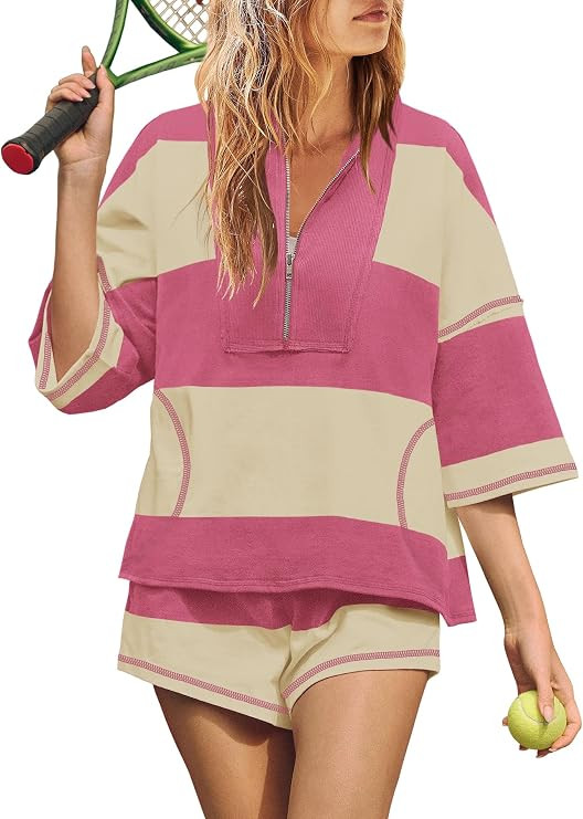 Yanekop Womens 2 Piece Outfits Summer Striped Workout Set Oversized Matching Lounge Sets Two Piec... | Amazon (US)