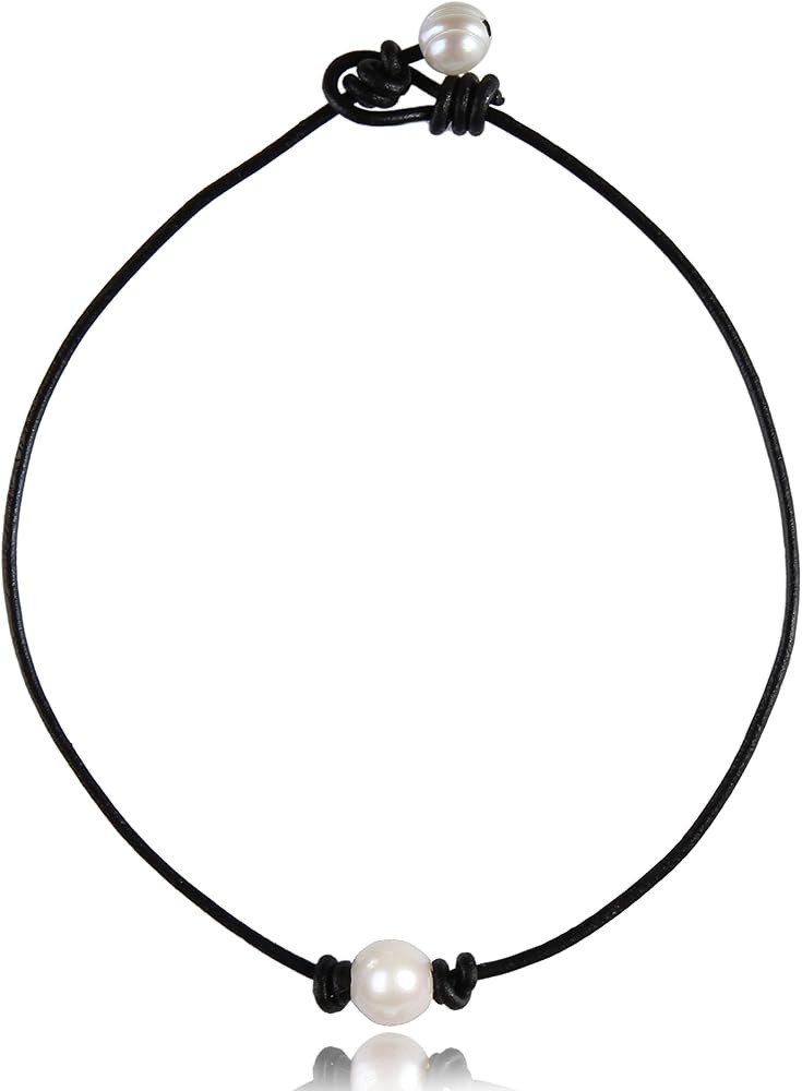 Single Pearl Choker Necklace on Genuine Leather Cord for Women Handmade Choker Jewelry Gift | Amazon (US)