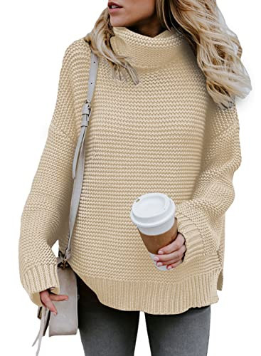 Asvivid Cowl Turtle Neck Oversized Sweaters for Women Chunky Juniors Sweater Boyfriend Ribbed Knitted Pullover Apricot Ladies Sweater S | Amazon (US)