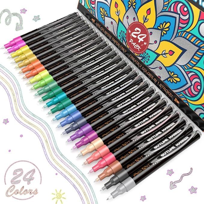 Super Squiggles Outline Pens, 24 Color Self-outline Shimmer Markers Set, Doodle Markers Double Li... | Amazon (US)