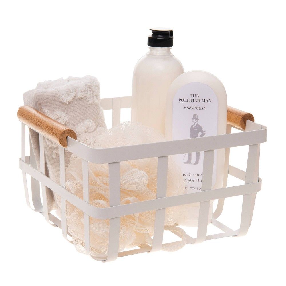 Square Metal Basket with Bamboo Handles White - Bath Bliss | Target