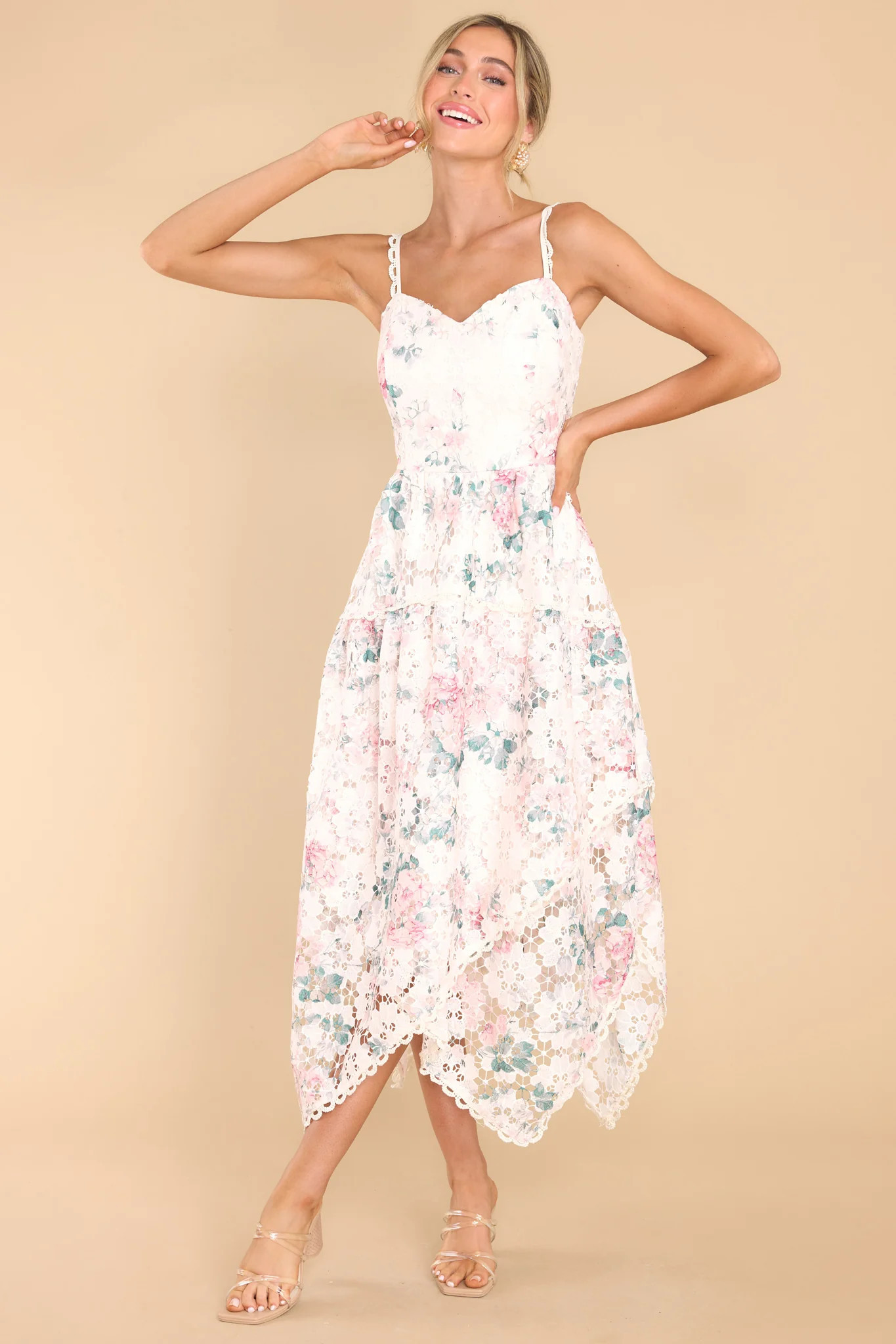 Flirt For Fun Ivory Floral Print Dress | Red Dress