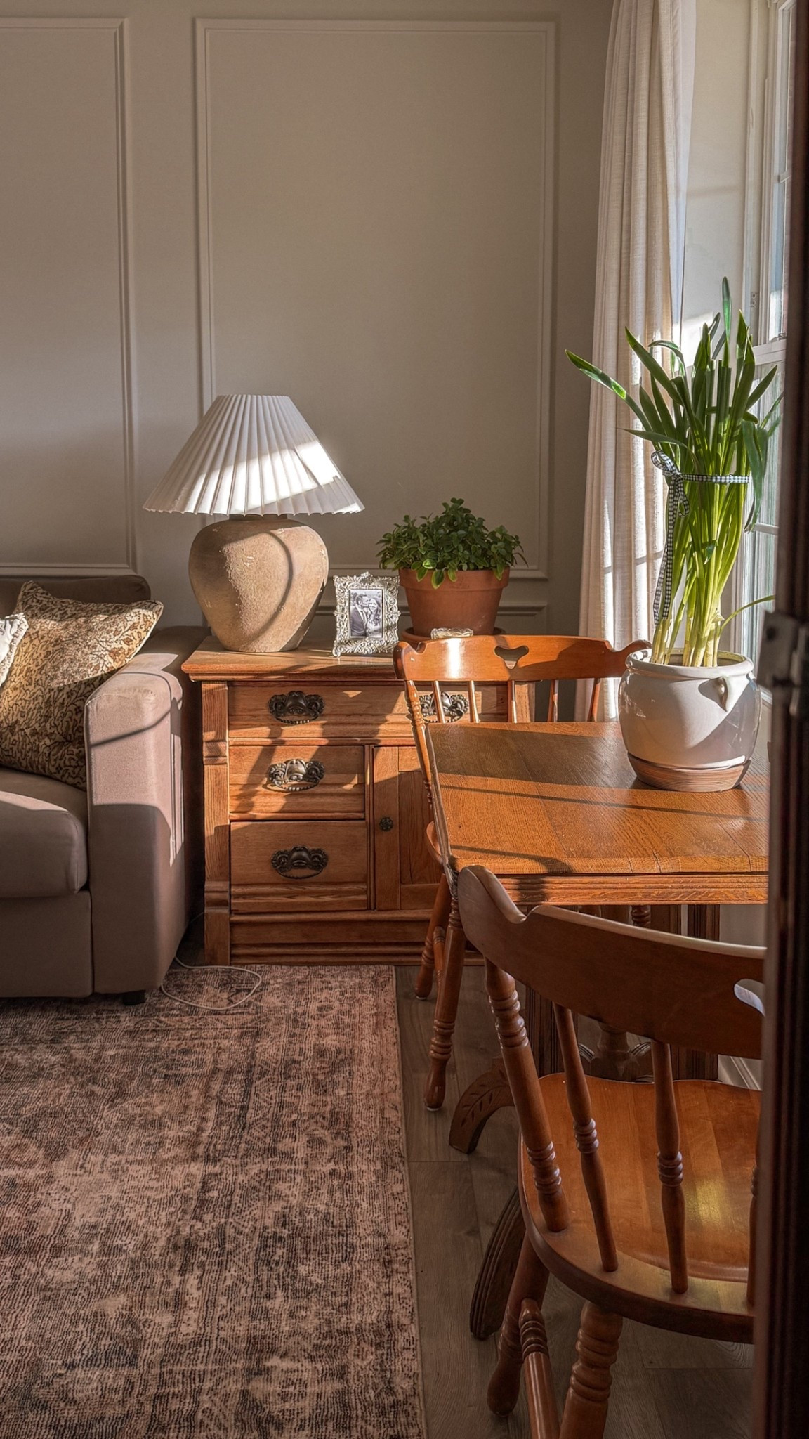 Living room, lamp, pleated shade, rug, curtains

#LTKHome