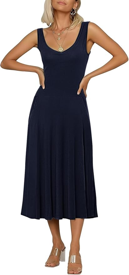 Urban CoCo Women's Summer Casual Sleeveless Flared Midi Dress Swing T-Shirt Dresses with Pockets | Amazon (US)