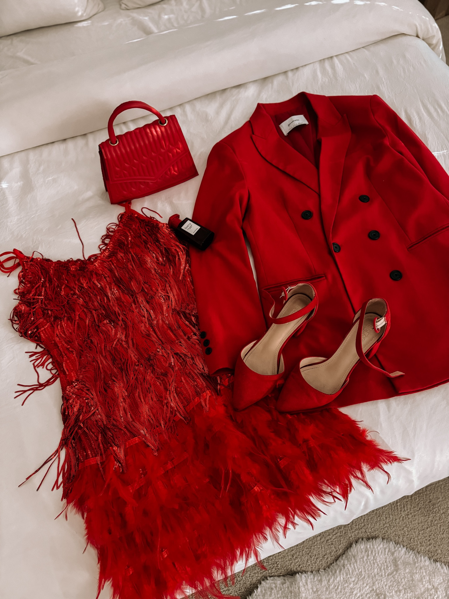 Red sequin dress with feather trim and blazer outfit for birthday or party #red #monochrome #taylorswift #partyoutfit 

#LTKSeasonal #LTKparties