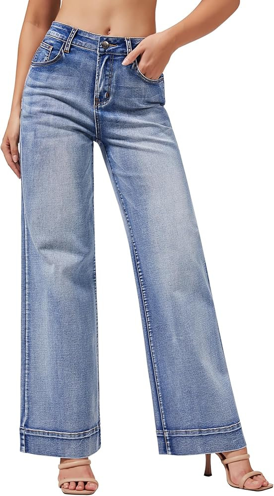 roswear Women's Wide Leg Jeans Casual High Waisted Stretchy Baggy Loose Long Trouser Jeans | Amazon (US)