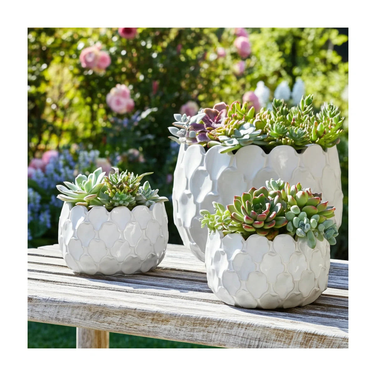Planter Set Stoneware Ceramic Textured Quatrefoil Indoor Outdoor Use Set Of 3 - 11", 9", 7" White... | Wayfair North America