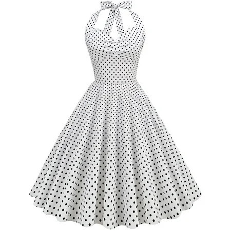 Polka-dot halter neck backless lace-up slim fit waist full swing dress for women | Walmart (US)