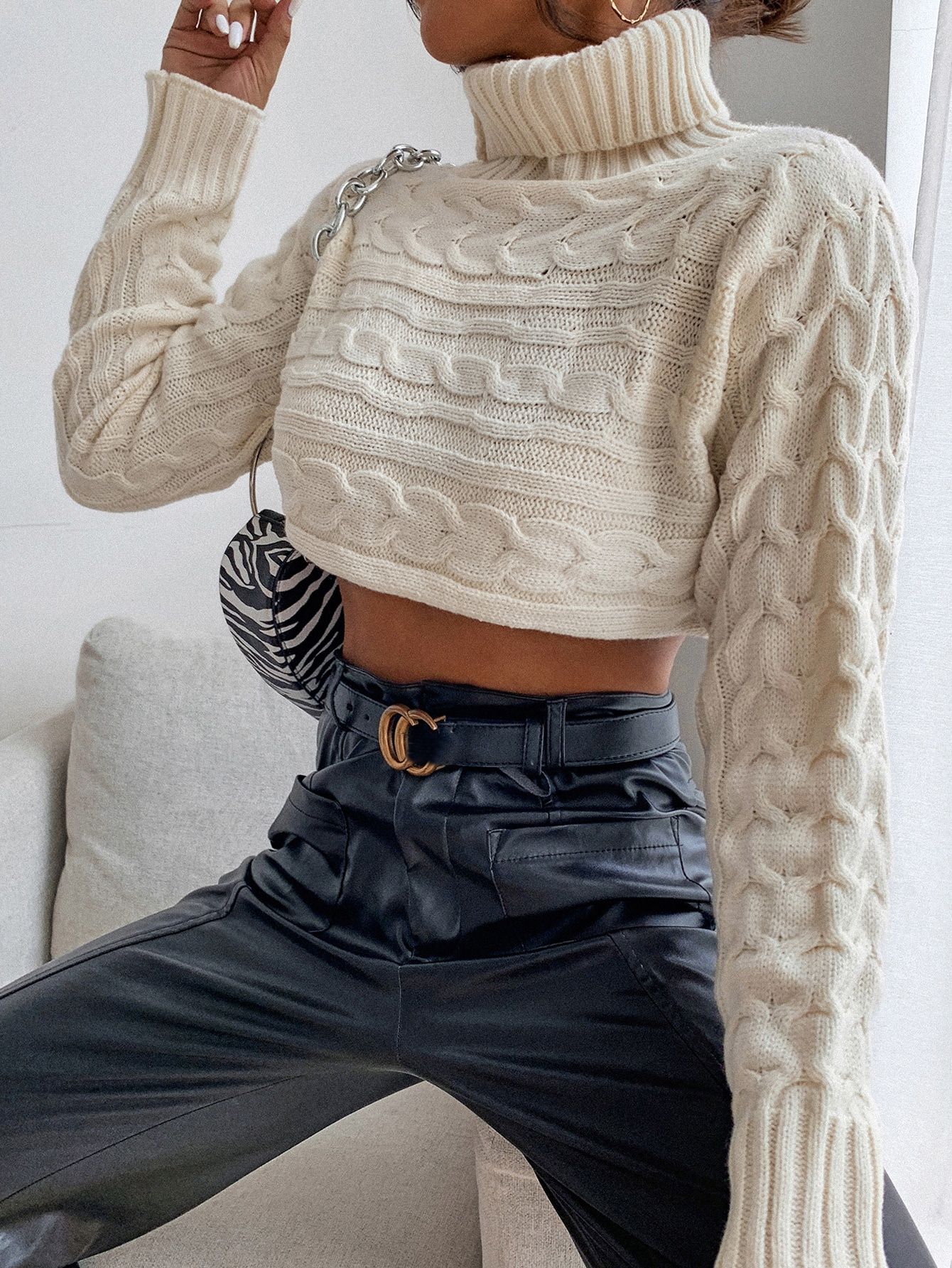 High Neck Cable Knit Crop Sweater | SHEIN