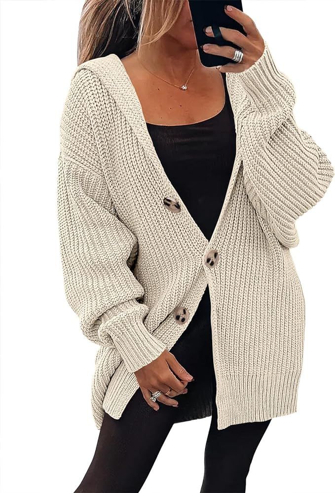 LOGENE Women's Open Front Chunky Knit Sweater Oversized Batwing Long Sleeve Cardigan Outerwear | Amazon (US)