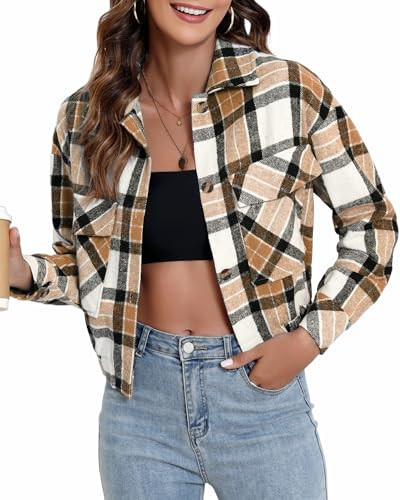 Teepie Women Cropped Flannel Jacket 2025 Fall Fashion Plaid Shacket Casual Button Down Outfit Shirts Brown M | Amazon (US)