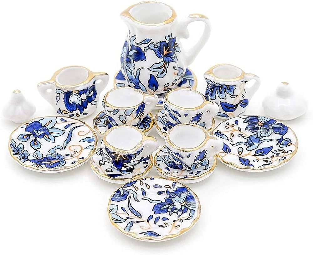 Odoria 1:12 Miniature 15Pcs Blue Porcelain Chintz Tea Cup Set (Blue) | Amazon (US)