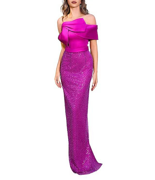 Sequin One Off The Shoulder Neckline Crepe Gown | Dillard's
