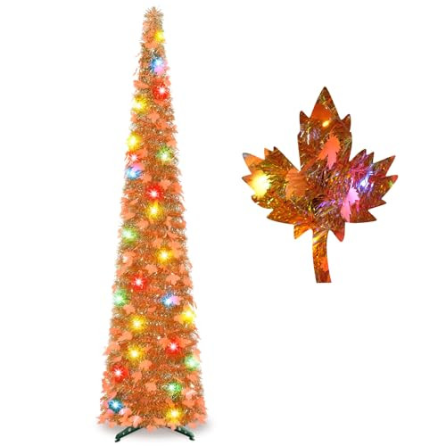 5FT Fall Tree Artificial Maple Tree with Lights, Orange and Gold Tinsel Coastal Pop Up Tree Collapsible Skinny Pencil Tree for Fall Harvest Thanksgiving Christmas Holiday Home Office Party Decoration | Amazon (US)