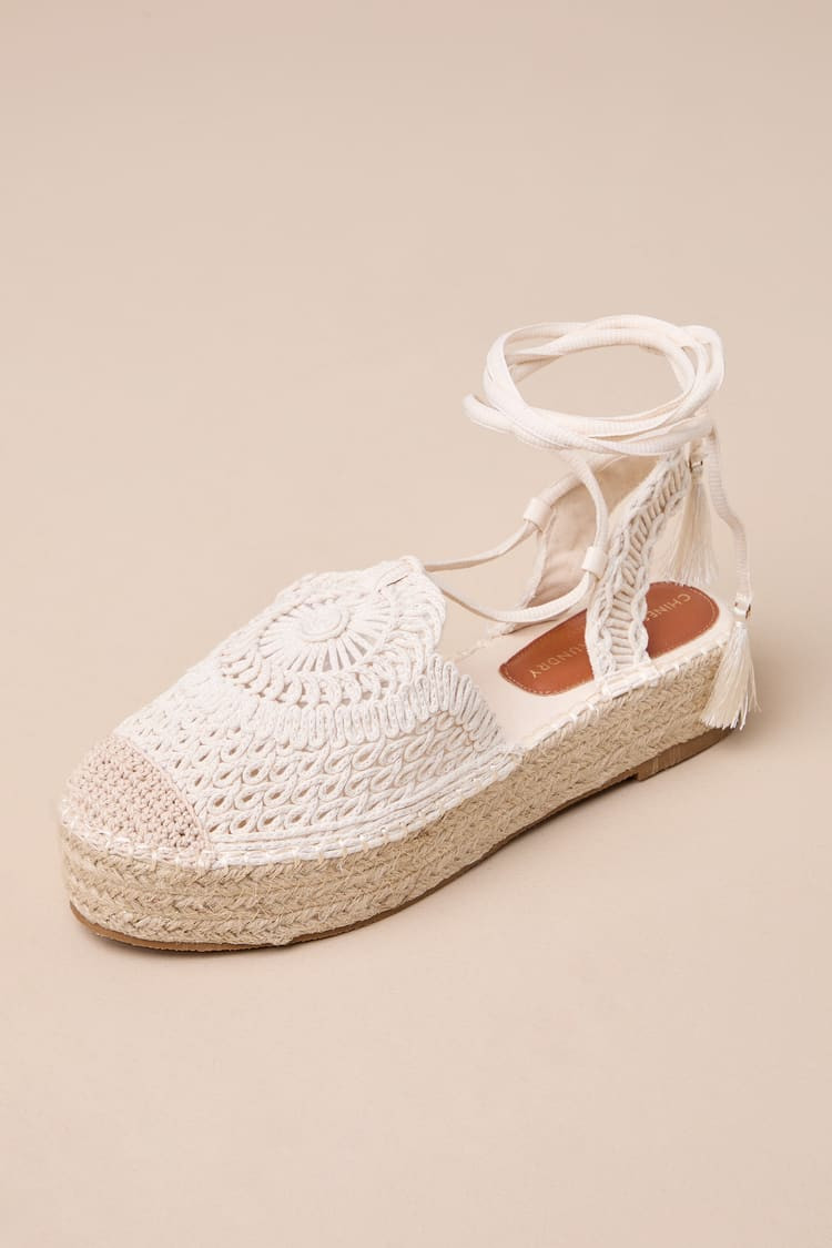 Sunny Cream Macramé Lace-Up Espadrille Flatforms | Lulus