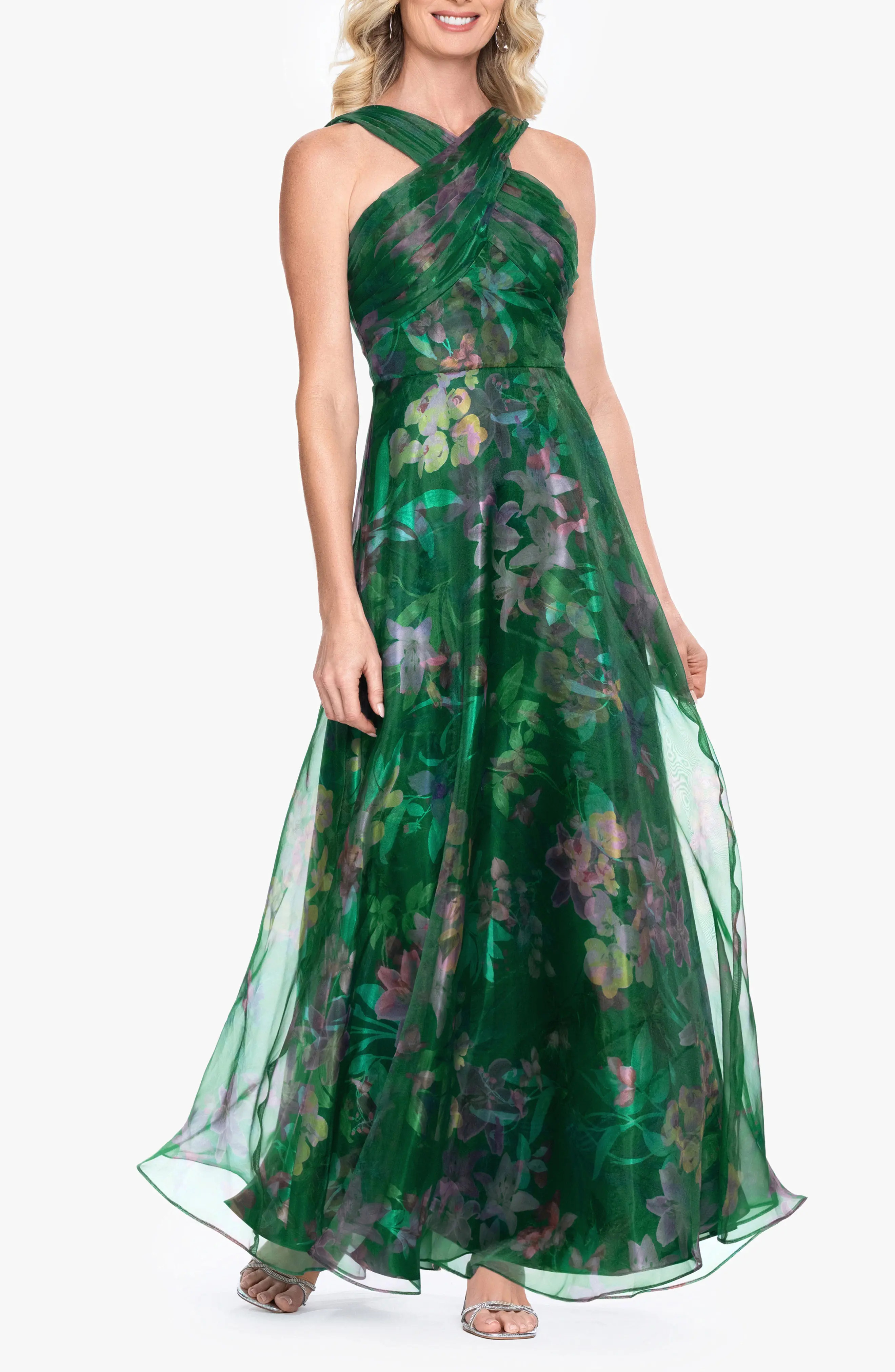 Betsy & Adam Floral Print Organza Sleeveless Gown in Green/Multi at Nordstrom, Size 8 | Nordstrom