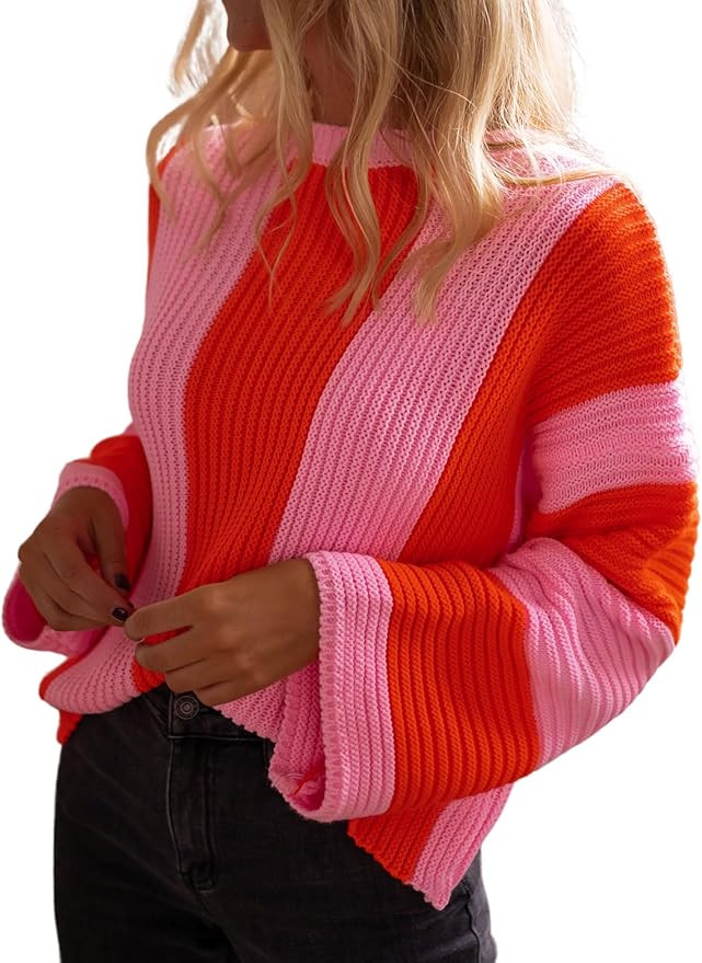 InterNos Womens Striped Bell Sleeve Pullover Sweater Loose Color Block Crew Neck Vertical Knitwea... | Amazon (US)
