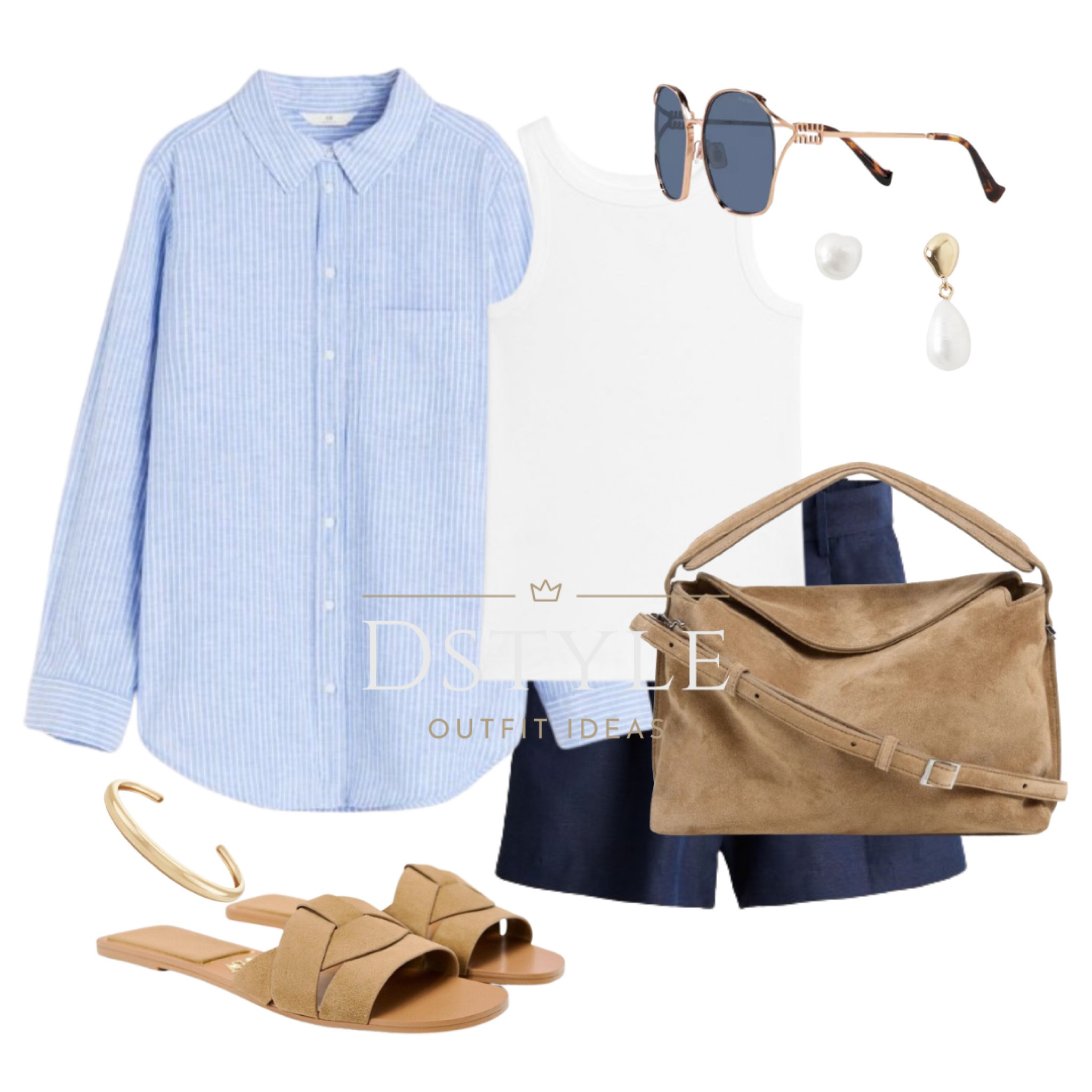 White tank top, navy blue linen-blend shorts, light blue linen-blend shirt, suede sand handbag, sunglasses, slide sandals, comfy look, spring ootd, summer outfit

#LTKitbag #LTKfindsunder50 #LTKstyletip
