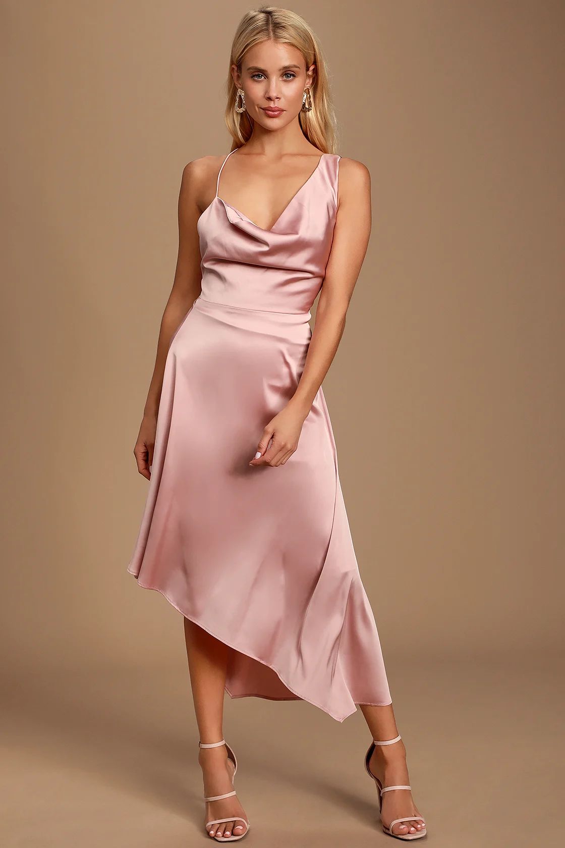Sereno Mauve Pink Satin Cowl Neck Asymmetrical Midi Dress | Lulus (US)